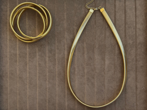 Kalın Yay Kolye Takım - Kalın Yay Kolye, Tekli Kalın Yay Bileklik, Üçlü Kalın Sarmal Yay Bileklik