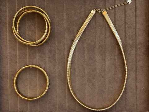 Kalın Yay Kolye Takım - Kalın Yay Kolye, Tekli Kalın Yay Bileklik, Üçlü Kalın Sarmal Yay Bileklik
