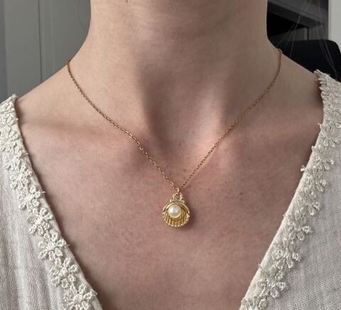 Minimal İncili Deniz Kabuğu Kolye | Kararmaz | Çelik | Gold