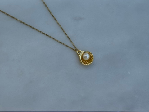 Minimal İncili Deniz Kabuğu Kolye | Kararmaz | Çelik | Gold