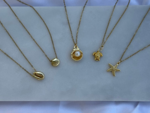 Minimal İncili Deniz Kabuğu Kolye | Kararmaz | Çelik | Gold